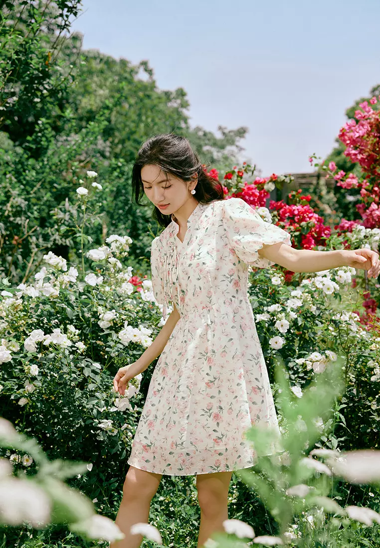 Puff Sleeve Mandrin Collar Floral Midi Dress