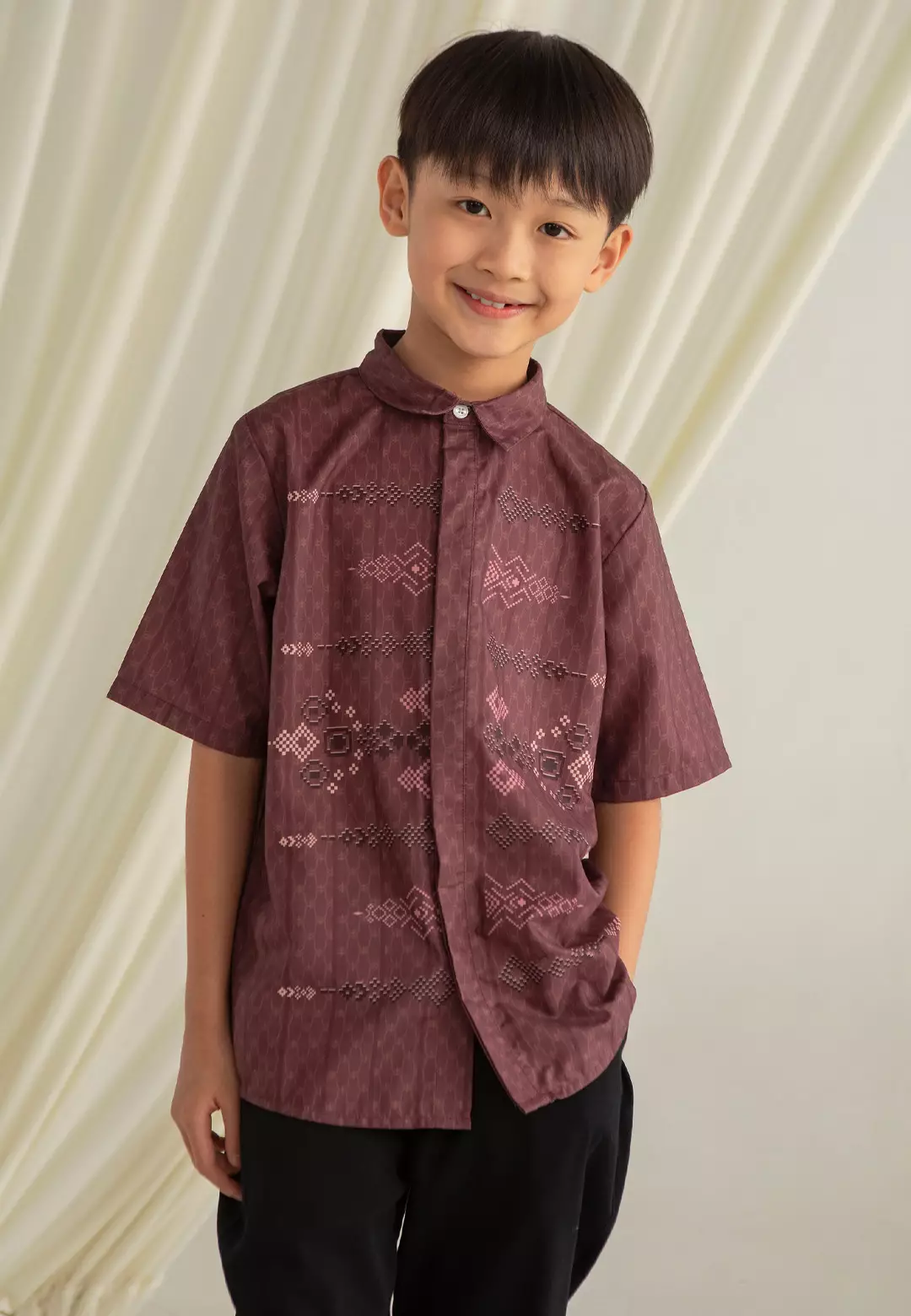 HijabChic Rumi Koko Boy Maroon - Baju Lebaran Anak Laki-Laki Koko Motif Geometris