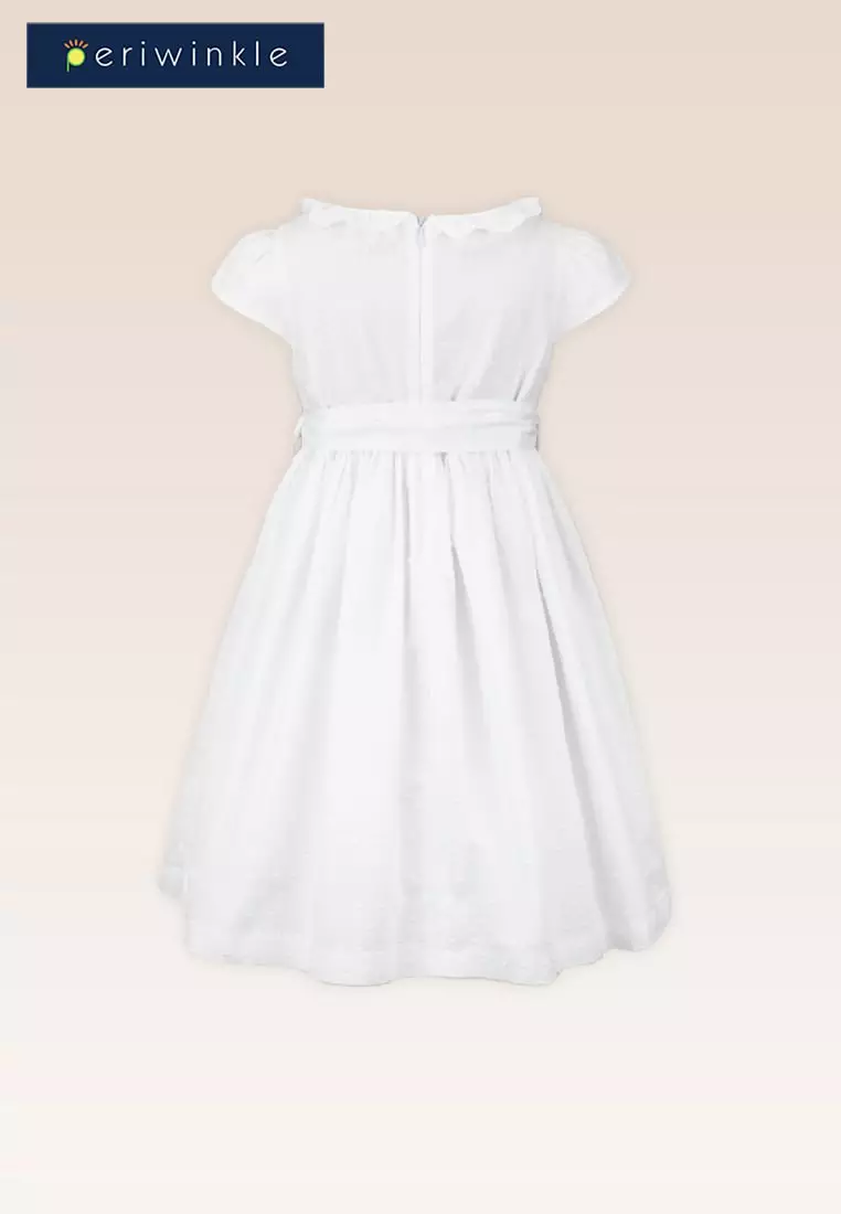 Kiara Girls White Dress with Ruffled Neck and Bow Belt tie Front