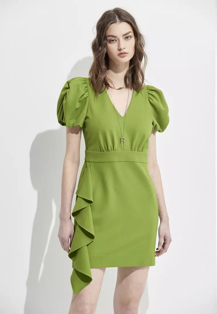 V-Neck Fitted Short Dress With Ruffle Detail