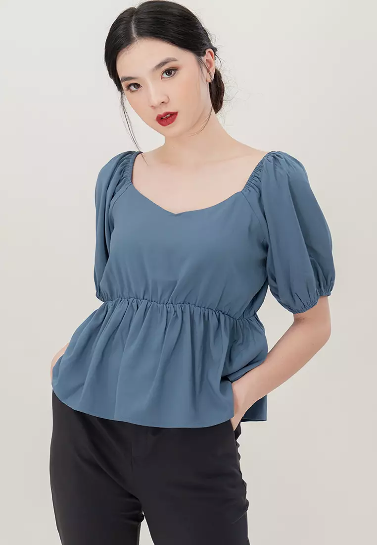 Buy Plain B. Plain B. Square Neckline Puff Sleeve Crop Top Blue Online ...