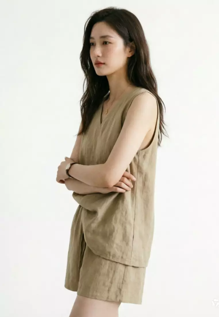 Korean-style Relaxed Linen Tank Top & Shorts Set CA26041054BW