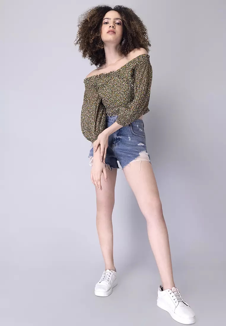 Green Floral Frilled Bardot Top