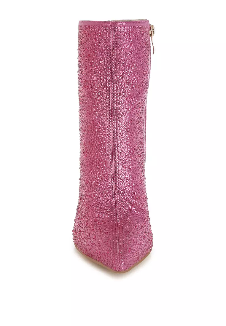 Rhinestones Embellished High Ankle Boots in Pink