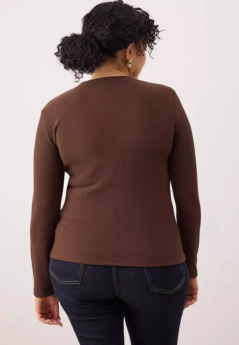 Brown Accessory Buttoned Long Sleeve Ribbed Knitted Plus Size Blouse Tbbaw26Af00078