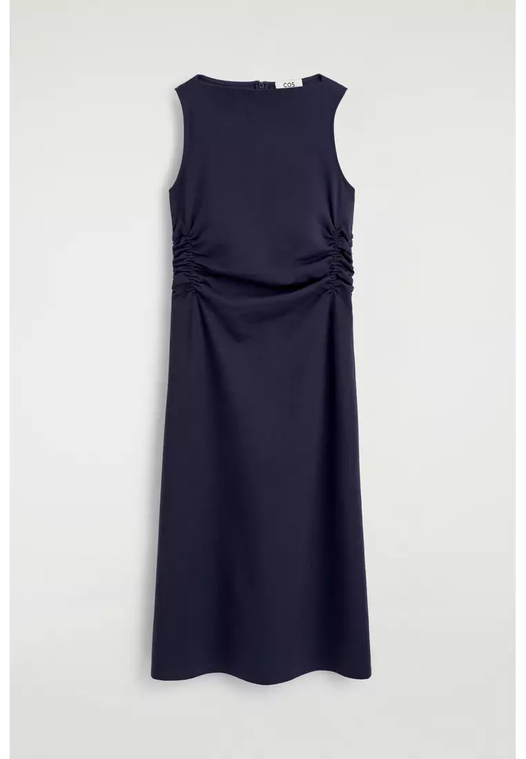 RUCHED-WAIST COTTON-JERSEY MIDI DRESS