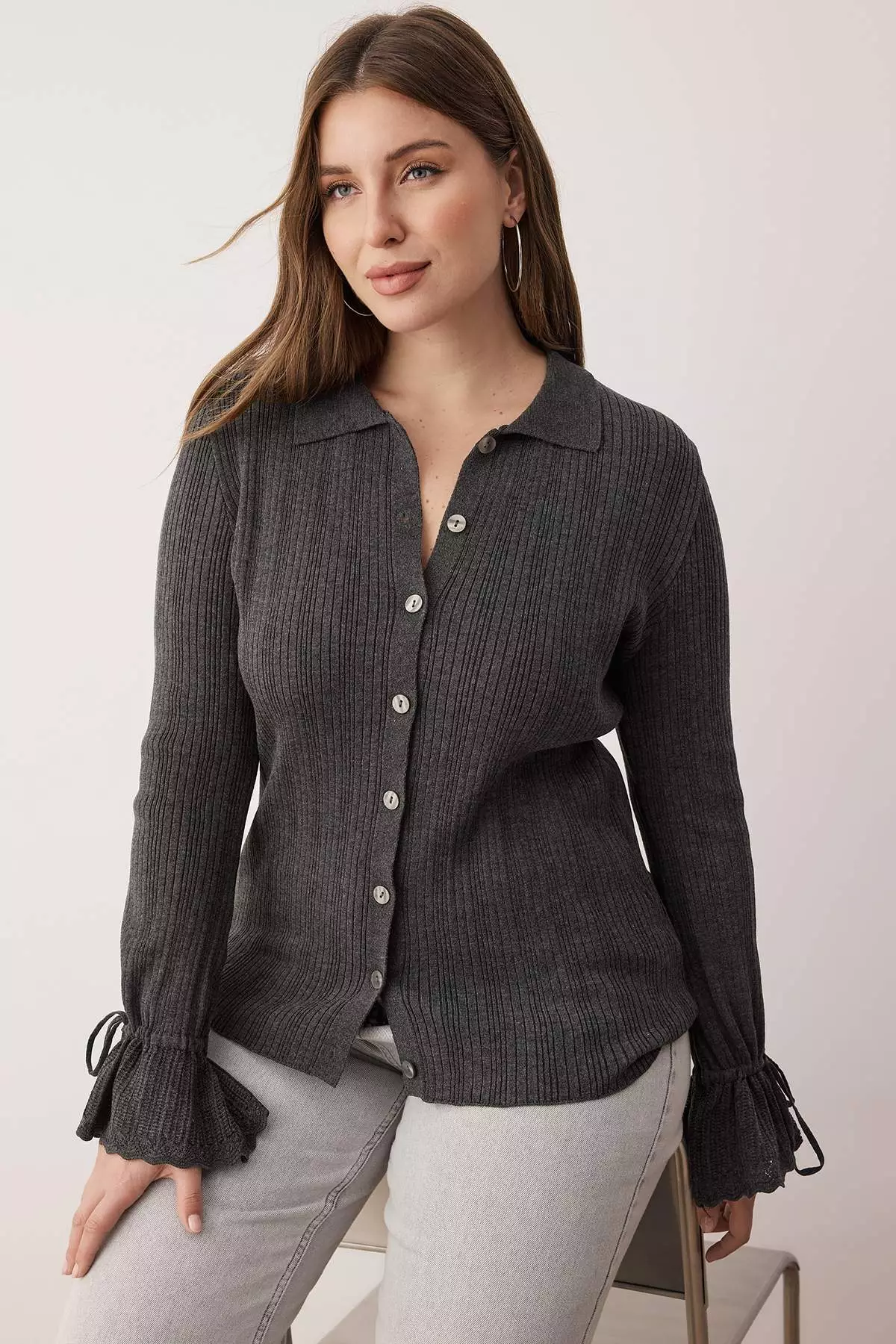 Anthracite Mercerized Look Ribbed Polo Neck Knitwear Cardigan Tbbaw26Av00032