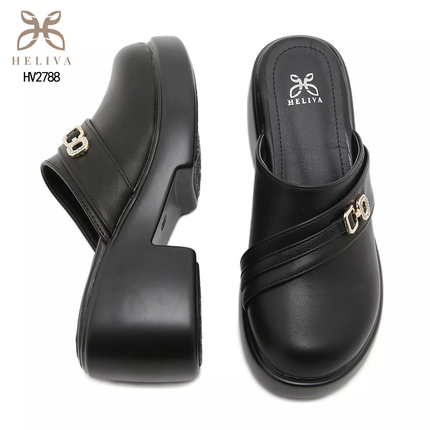 Heliva Verona Bold Heel Platform Mules with Metallic Chain Touch 7cm Elegance HV2788