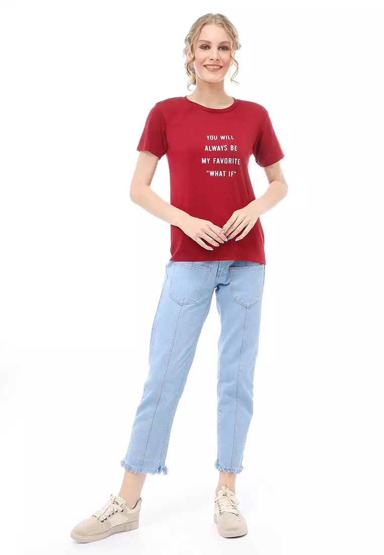 Genevie Kaos Kasual Wanita Lengan Pendek You Will Be Material Cotton ORIGINAL - Maroon
