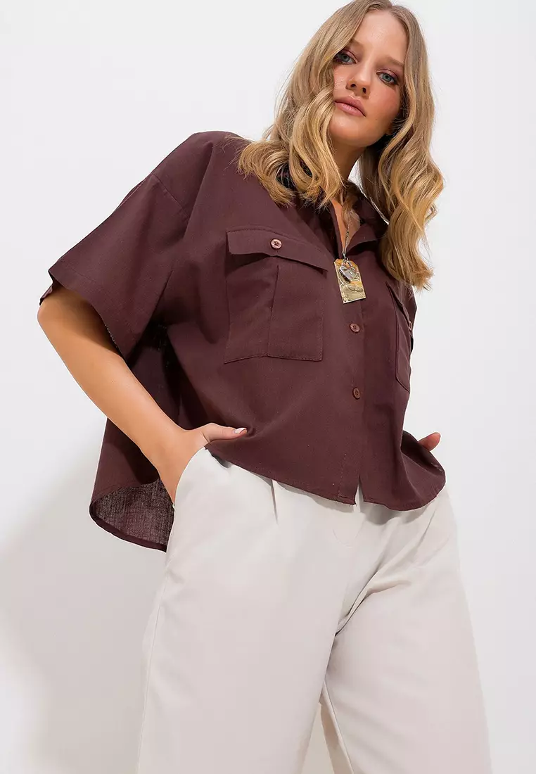 Women's Brown Double Pocket Half Sleeve Linen Shirt Alc-X9991