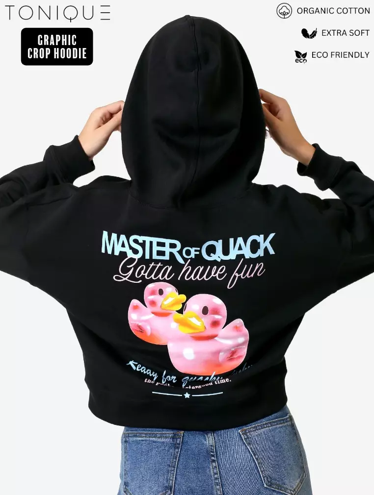 TONIQUE Crop Hoodie Katun Wanita Hitam Pekat DAISY Women's Cotton Regular Fit Crop Hoodie Black