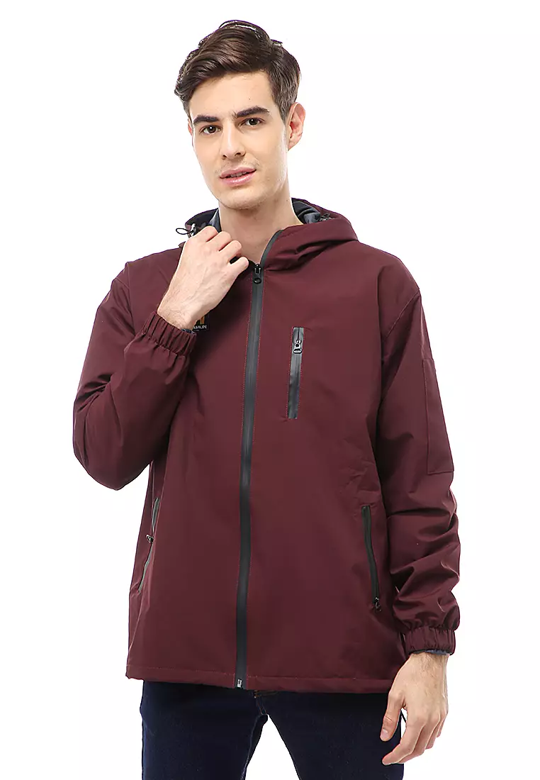Clover Outerwear Jacket Hoodie Pria Waterproof Anti Air Material Taslan ORIGINAL - Maroon