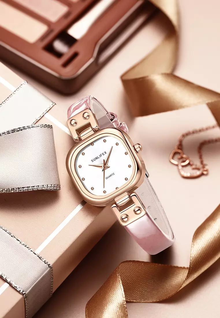 Jam Tangan Wanita Original Gaya Korea Tali Kulit Simple Anti Air Jam Tangan Cewek pink white