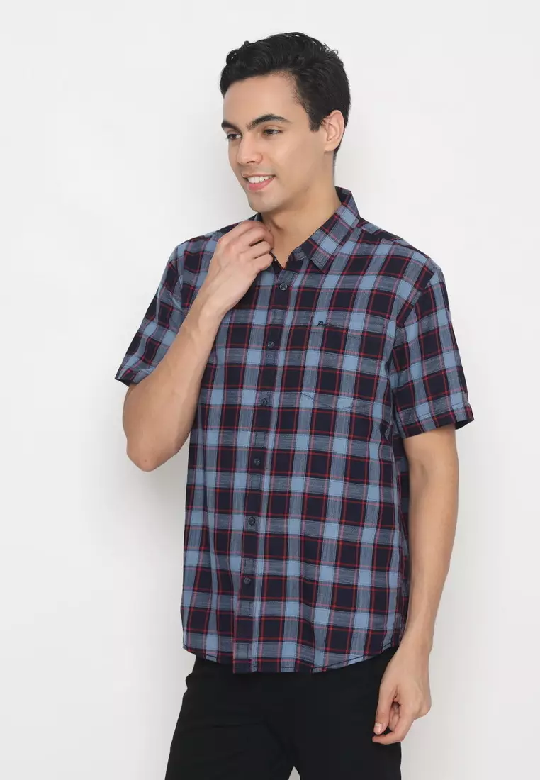 POLICE Kemeja Kotak Twill Navy Merah Regular Fit Pria