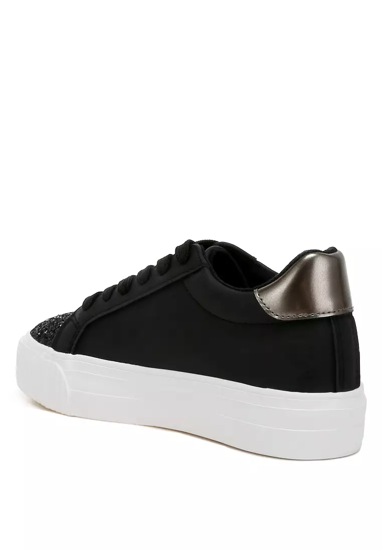 Sepatu Kets Chunky Patch Berkilau Warna Hitam/Timah