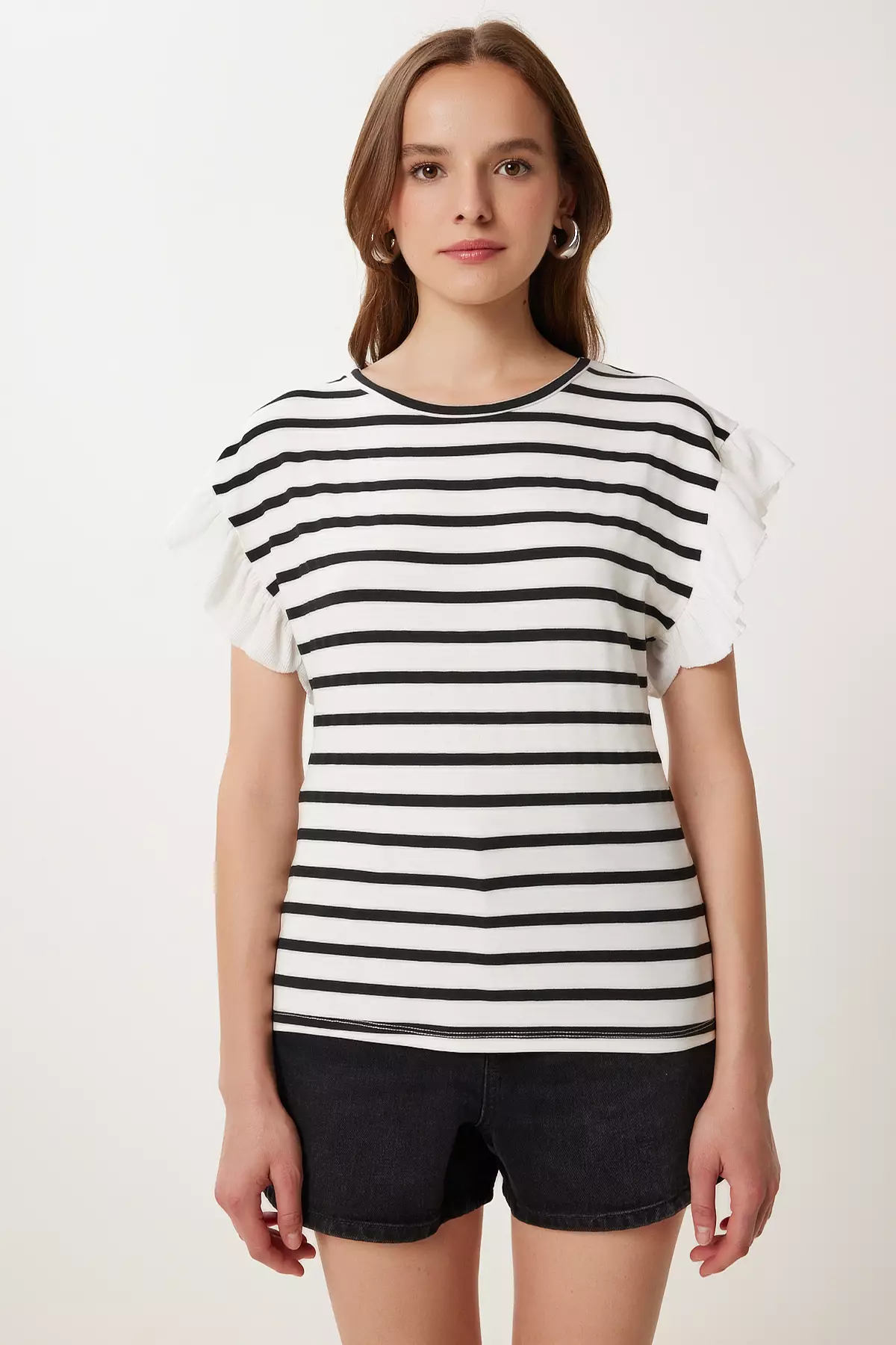 Women's Bone Black Striped Flounced Cotton Knitted Blouse Tp00080
