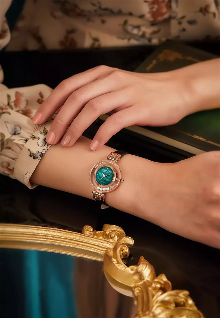 Sparkle Star 女士手表 真皮表帶 30mm玫瑰金表殼 綠色表面 流動鑽石-黑色