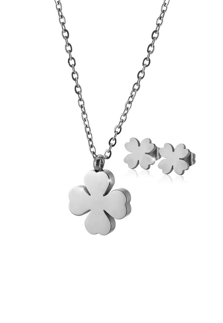 Destiny Four Leaf Clover Necklace + Earrings Jewellery Set in Silver