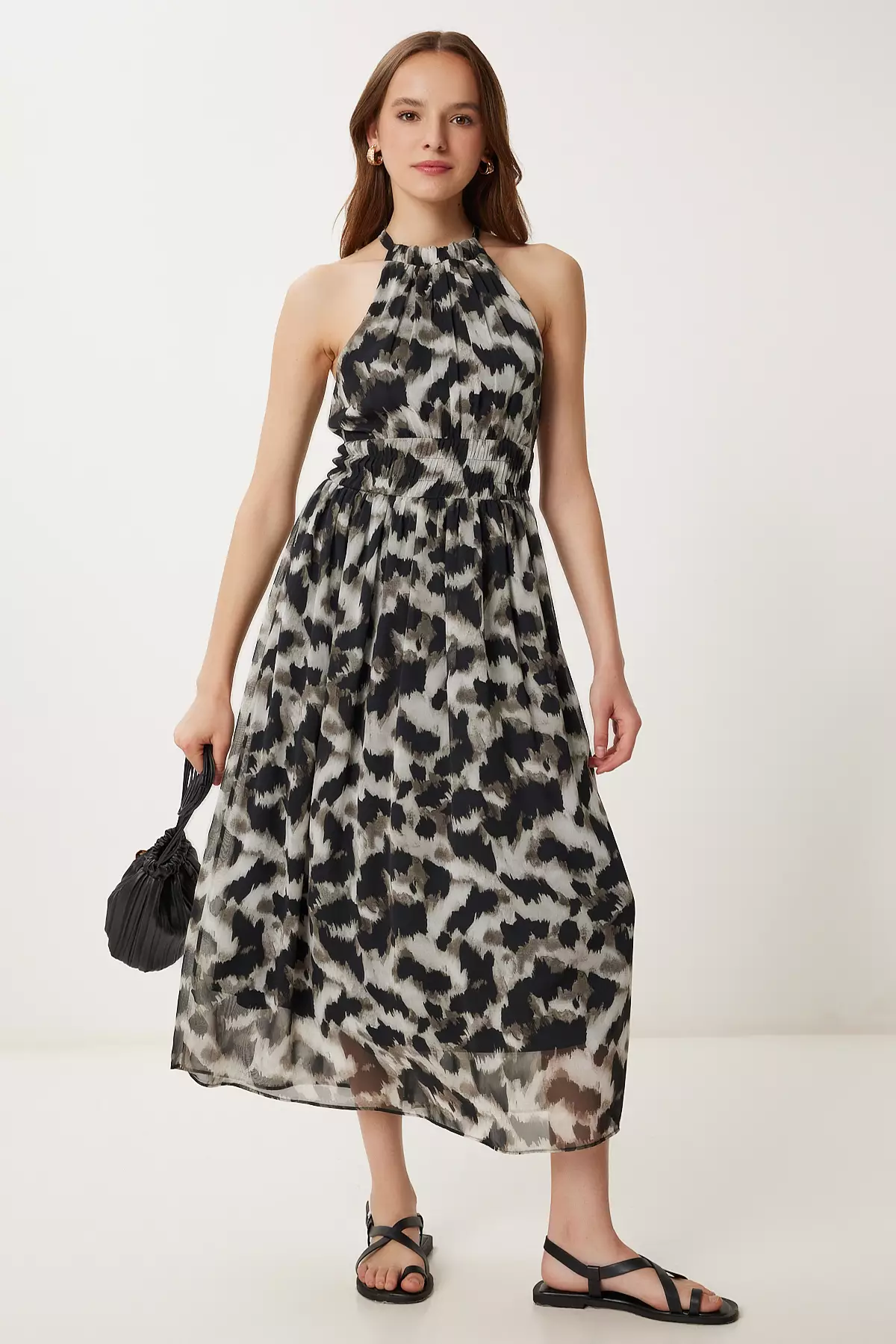 Women Black Gray Patterned Flounced Midi Chiffon Dress Fg00029