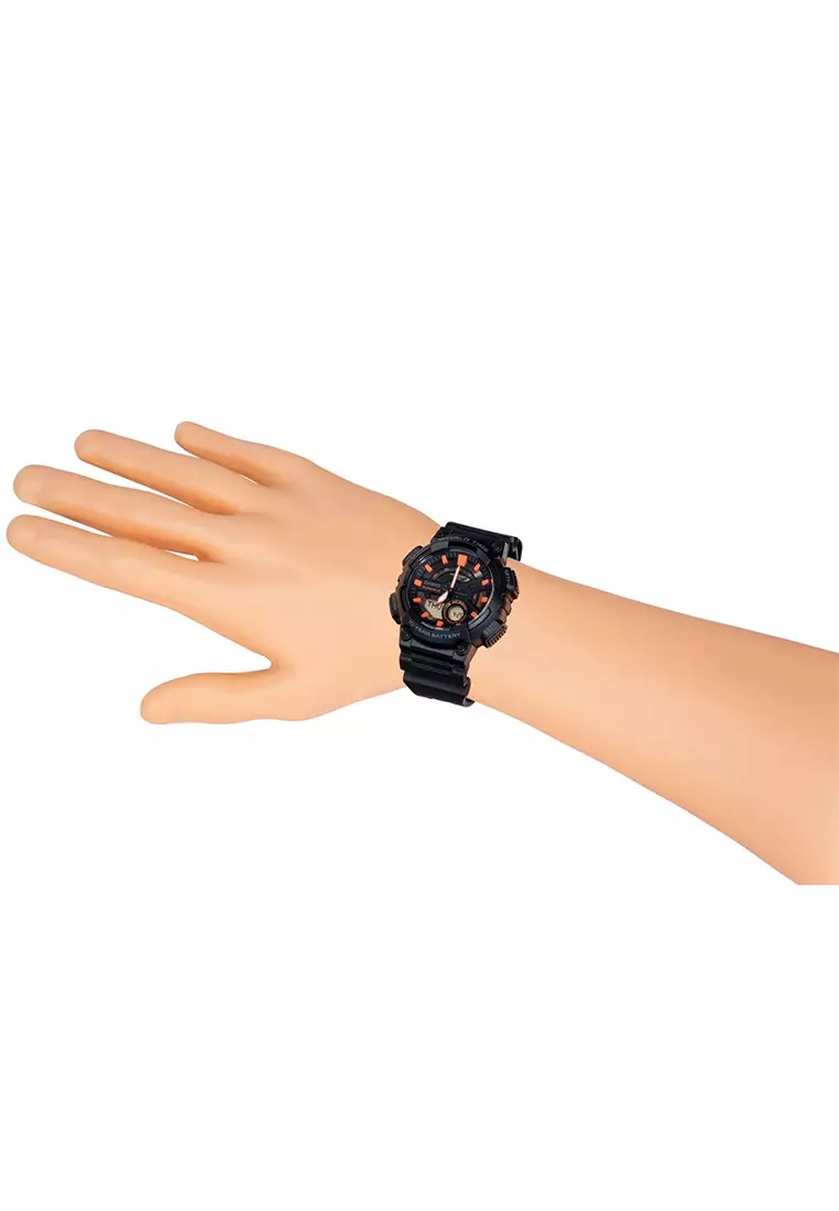 Casio Dualtime - Jam Tangan Pria - Black Orange - Resin Strap - AEQ-110W-1A2VDF