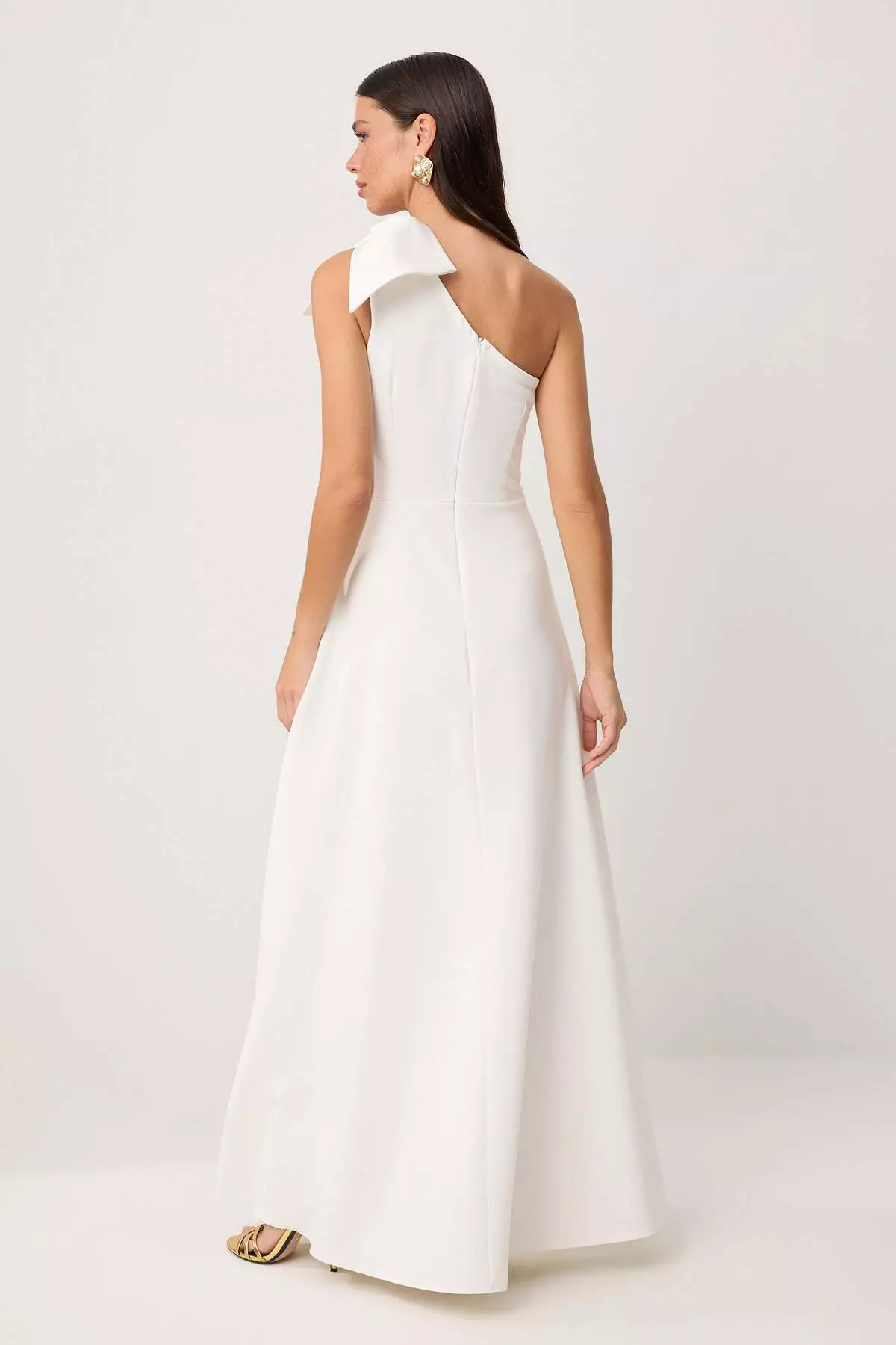 White Plain Bowknot Woven Finike Maxi Evening Dress & Graduation Dress