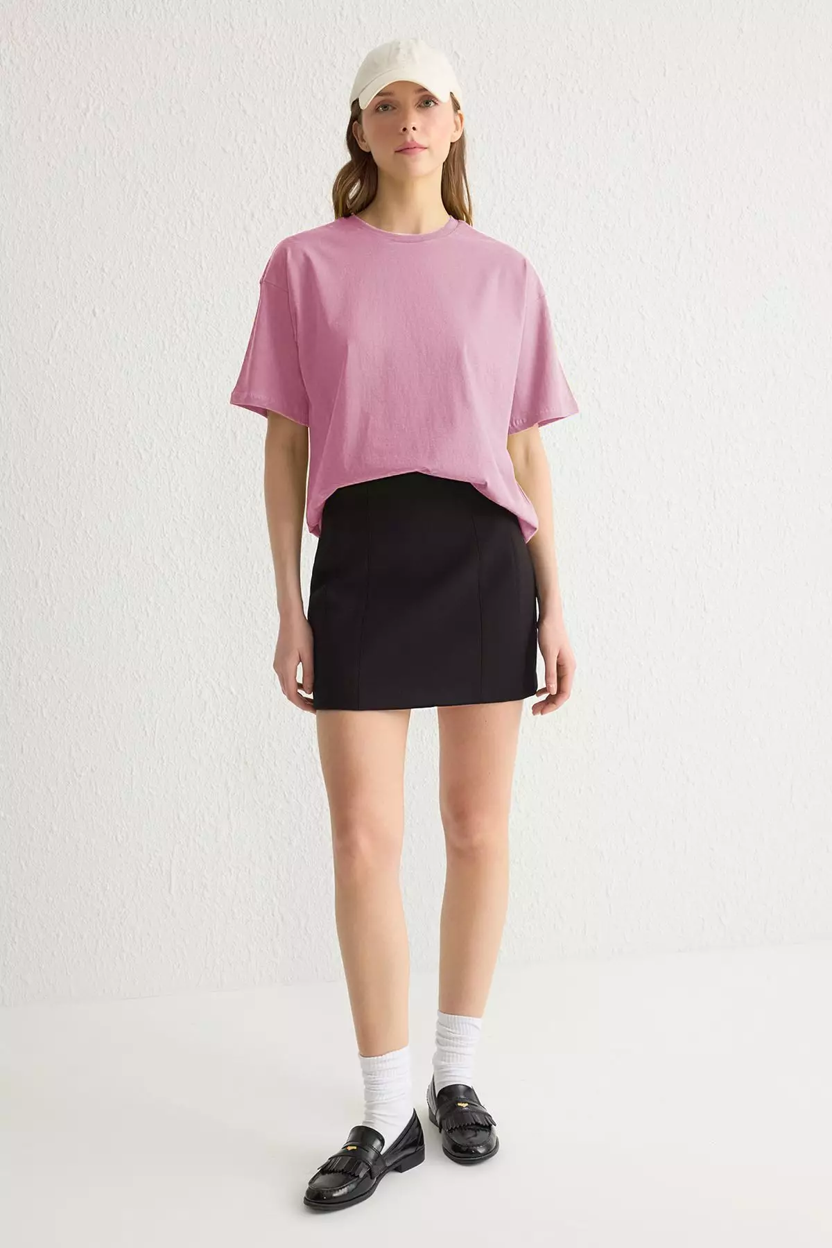 Light Pink 100% Cotton Crew Neck Oversize/Wide Pattern Knitted T-Shirt Twoss20Ts0134