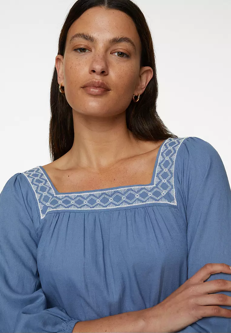 Linen Blend Embroidered Shirred Dress