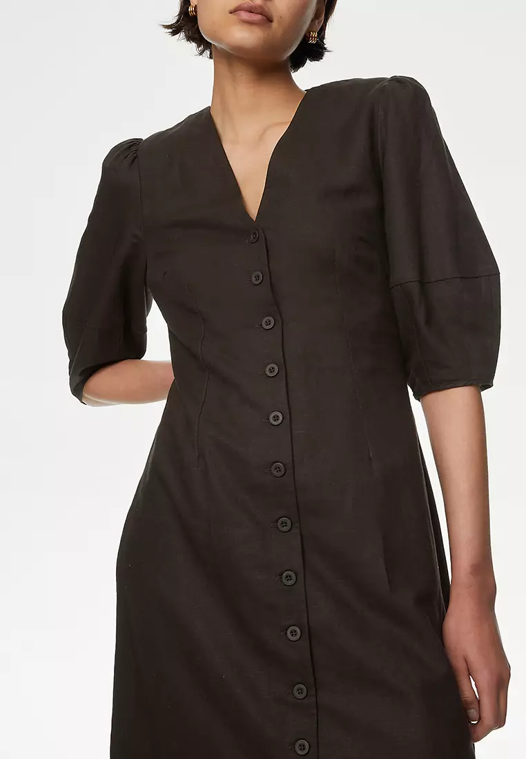 Linen Rich V-Neck Midi Tea Dress
