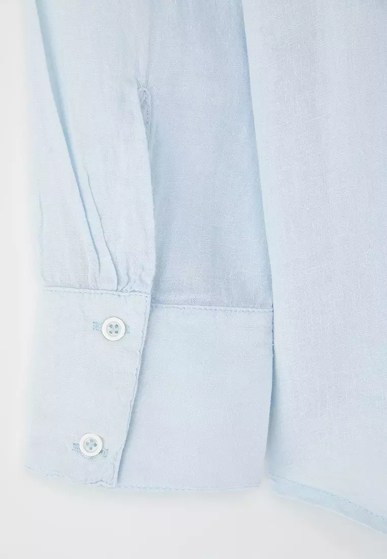 Blue 100% Linen Woven Plus Size Shirt TBBSS25AX00021