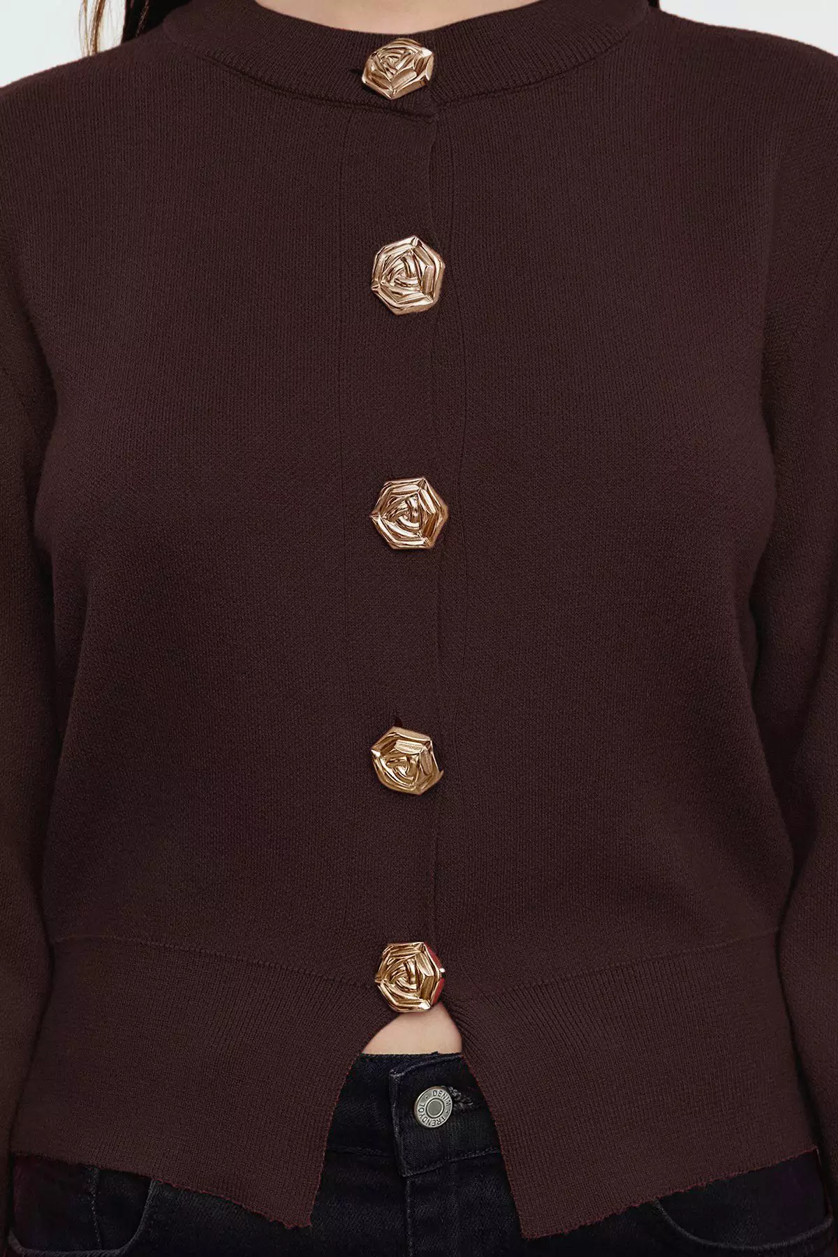 Brown Premium Yarn/Special Yarn Crop Rose Button Jacket Look Knitwear Cardigan