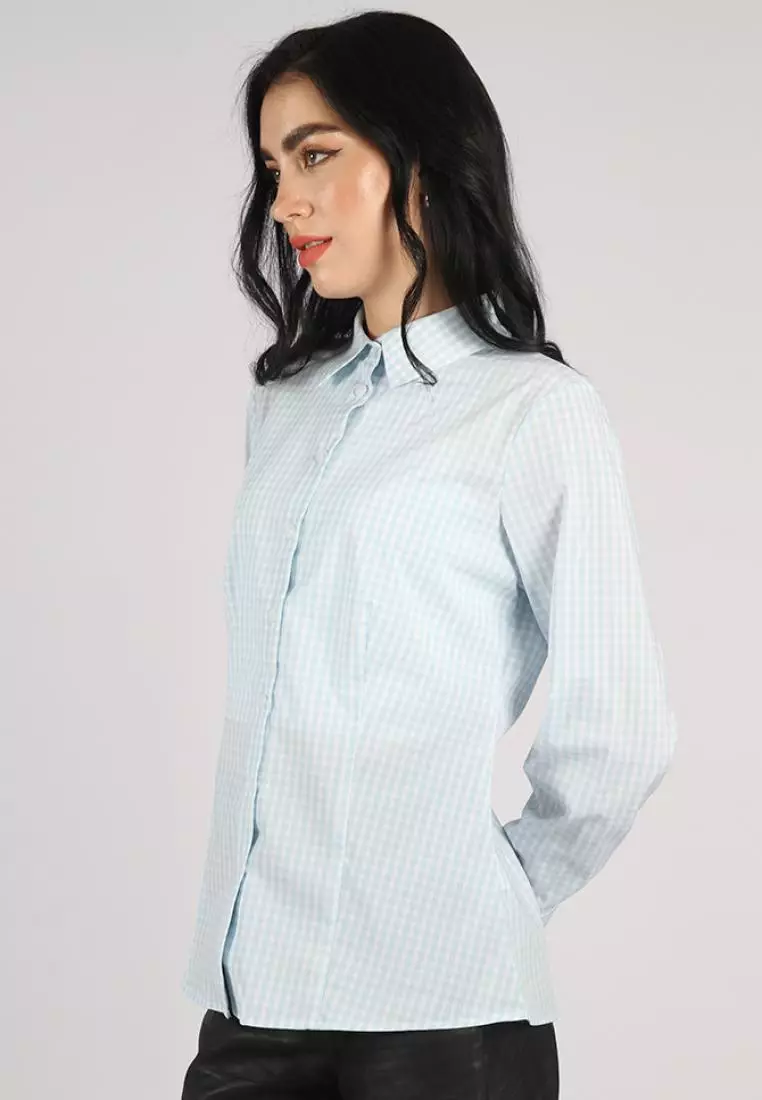 Kemeja Lengan Panjang Pierre Cardin Wanita Diane Light Blue Check