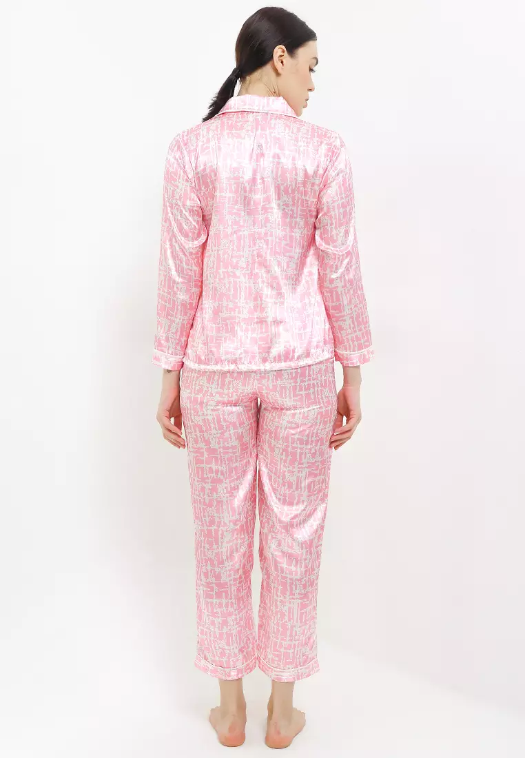 Piyama Pyjama Baju Tidur Satin Silk Pink Baju Berkantong Long Sleeve Long Pants Sleepwear