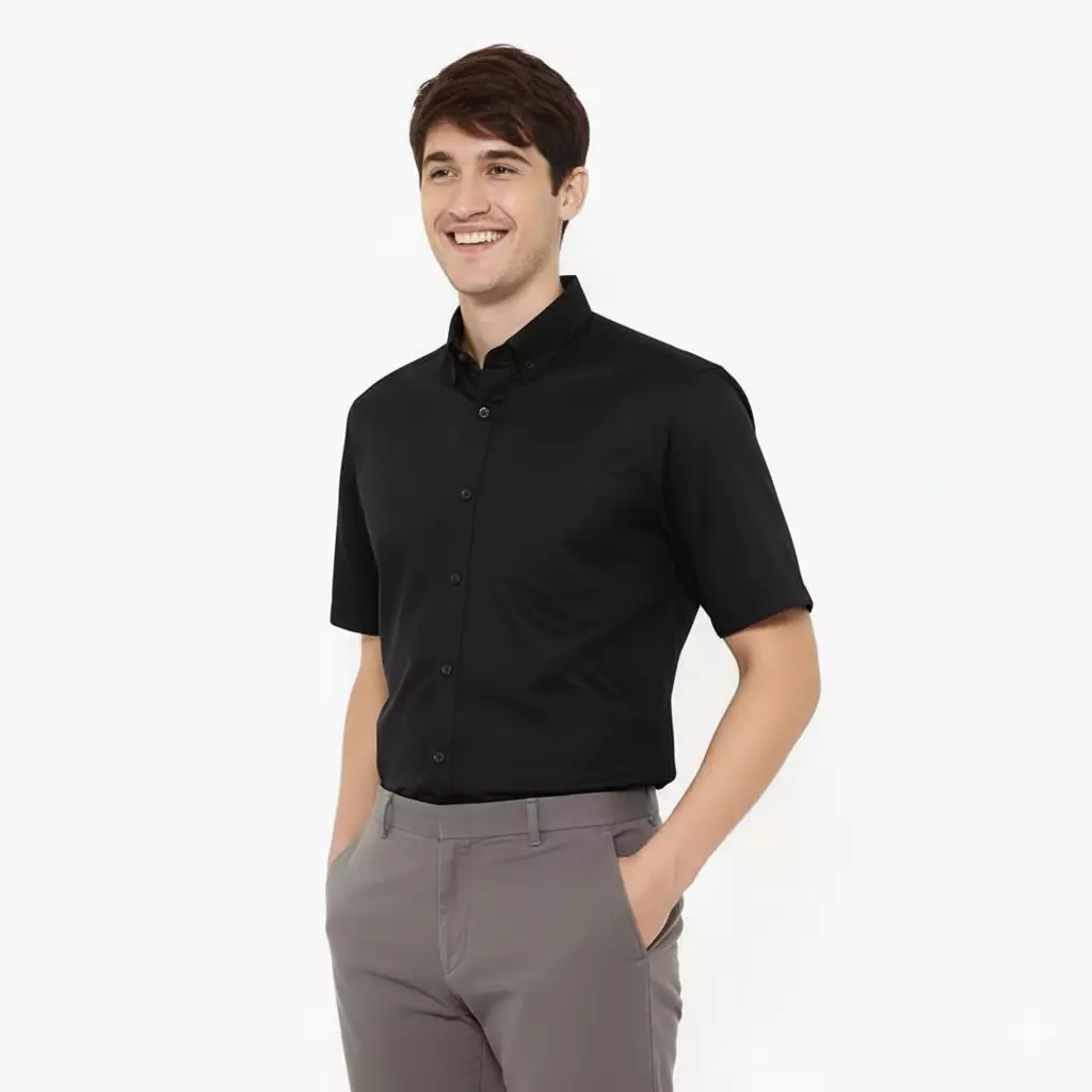 Lawell Kemeja Pria Lengan Pendek Polos Bahan Katun Warna Hitam – CASA