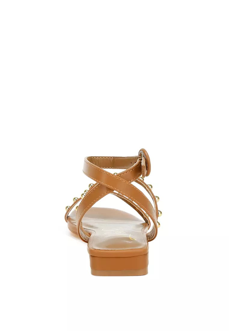 Studded Ankle Strap Flat Sandals in Tan