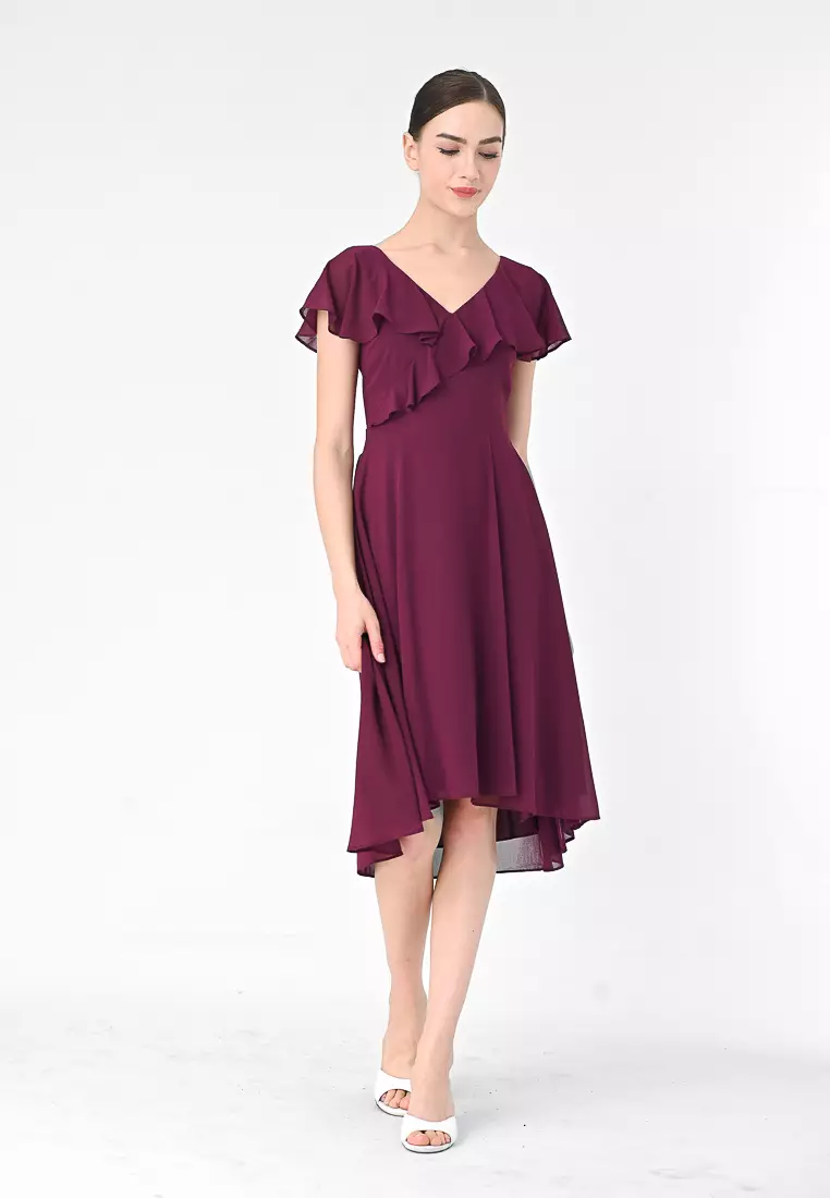 V-Neckline Chiffon Midi Dress