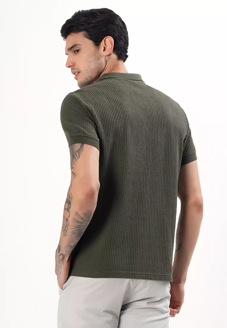 Mens Short Sleeve Textured Fabric Olive Cotton Polo Shirt/T-shirt, Short Sleeve,Sports-Casual, Activewear