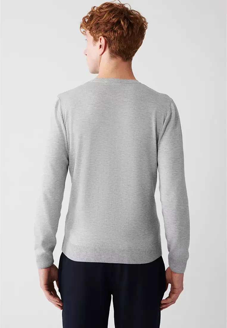 Men's Gray Crew Neck Patterned Knitwear Sweater A32Y5158