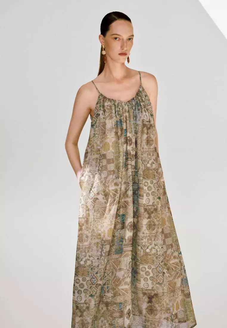 Patchwork Print Midi Dress - Strappy A-Line Slip Sundress