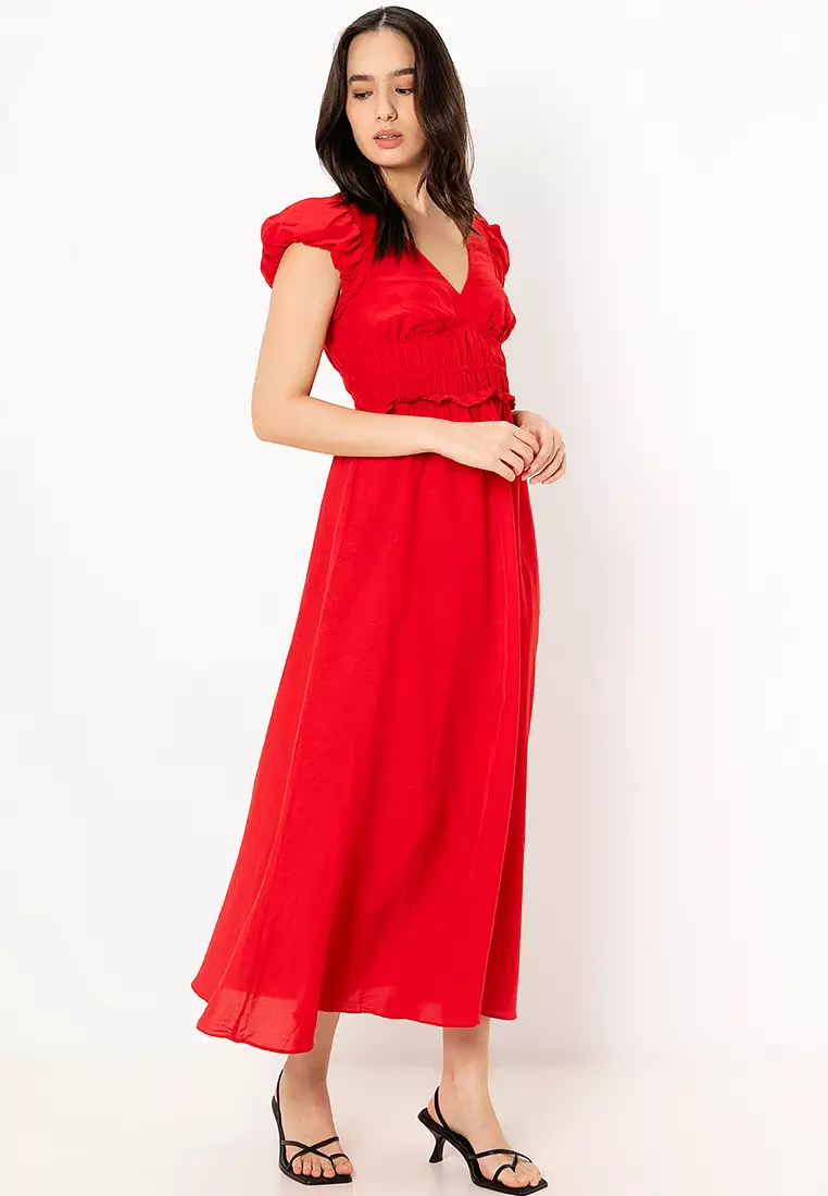 Bubble-Sleeve Midi Dress
