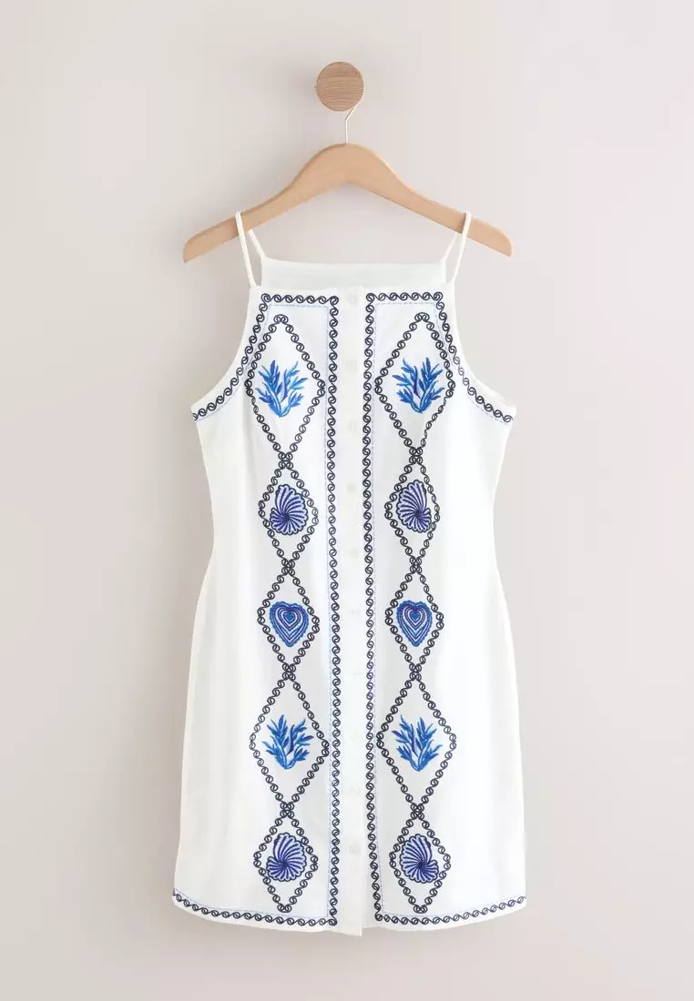 Embroidered Mini Shift Dress With Linen
