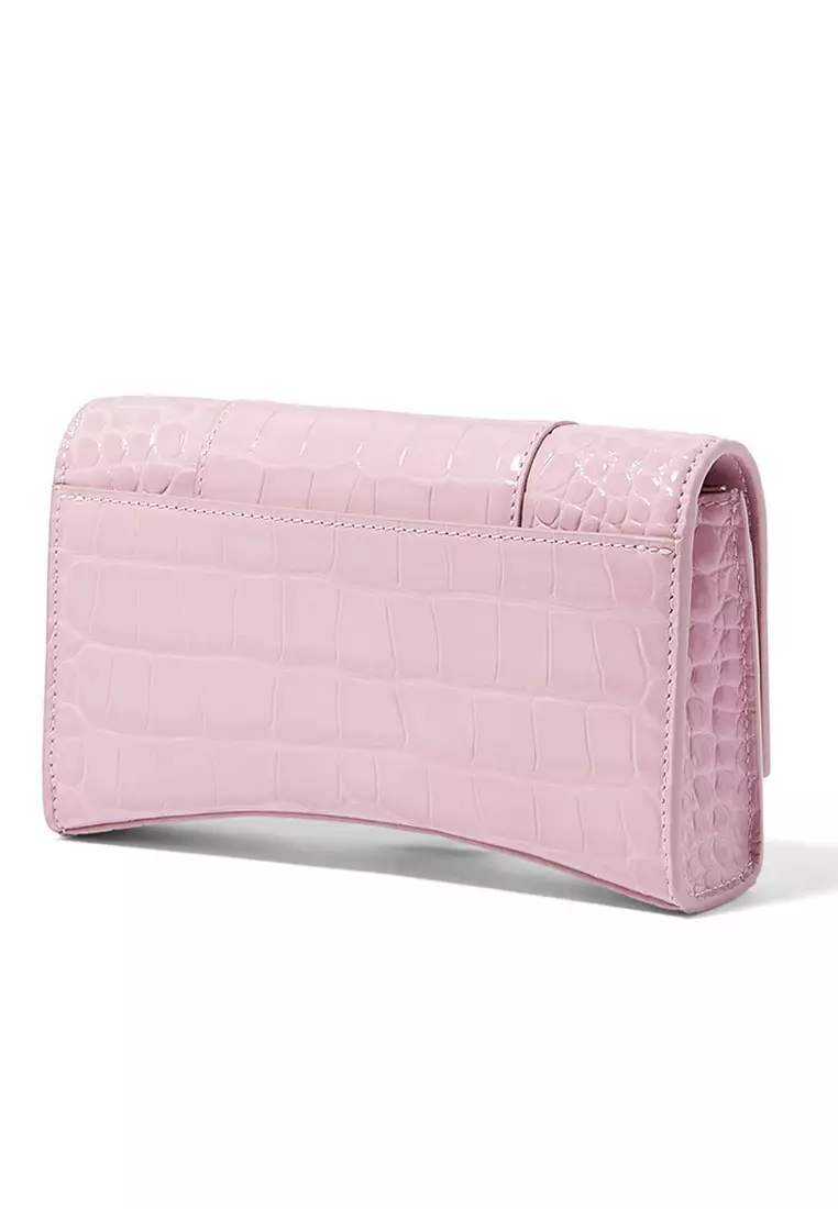 Hourglass Shiny Crocodile Embossed Chain Wallet in Pink