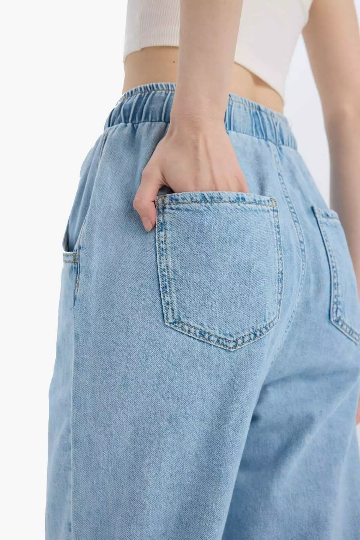 Pull on Paperbag High Waist Jeans, Straight Leg and Soft Long Jeans Pants E0733Ax25Sm