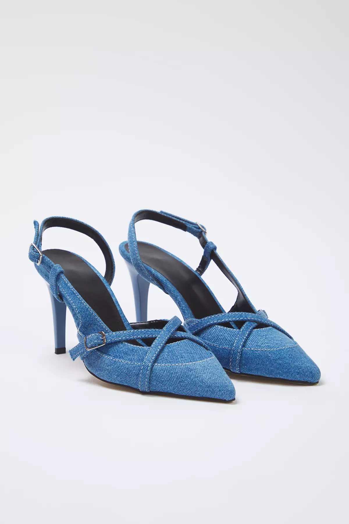 Blue Denim Contrast Stitching Pointed Toe Women Thin Heels Shoes Takss25To00105