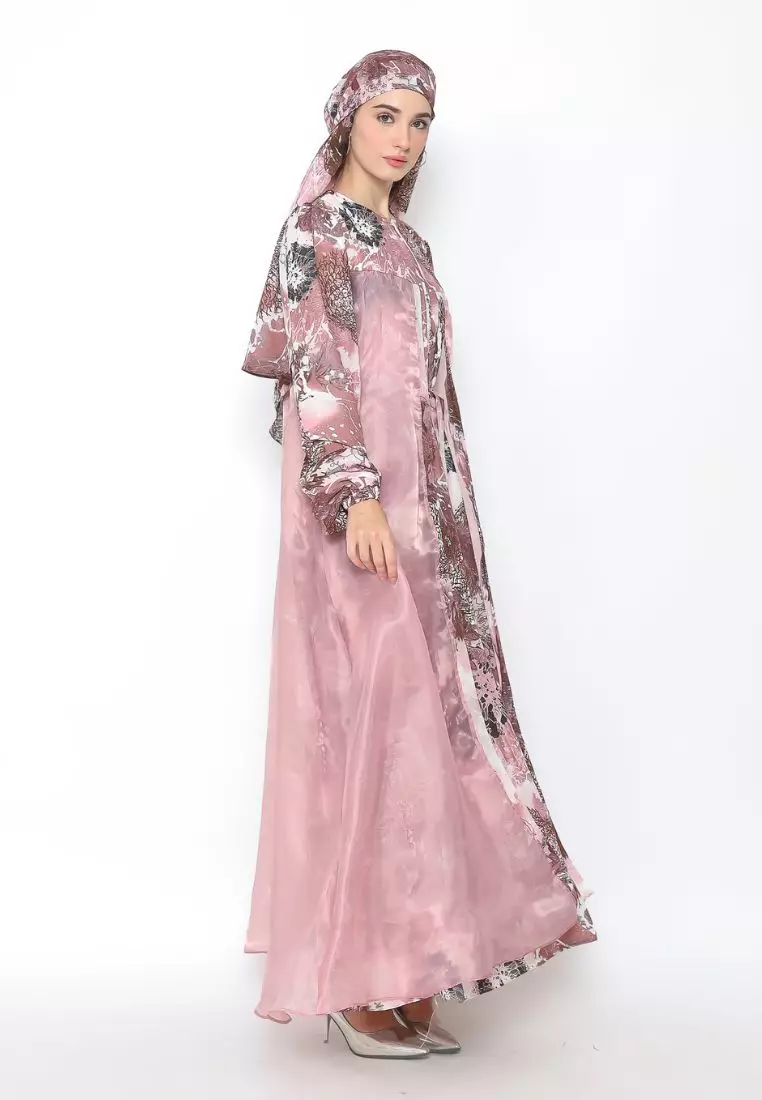 Rinjanie x Senorita  - Gamis Rosslen Dusty Pink - Gamis Set Scarf Raya - Gamis Set - Gamis Printing Mix Organza - Dress Raya - Dress mix organza - GMKY - PK