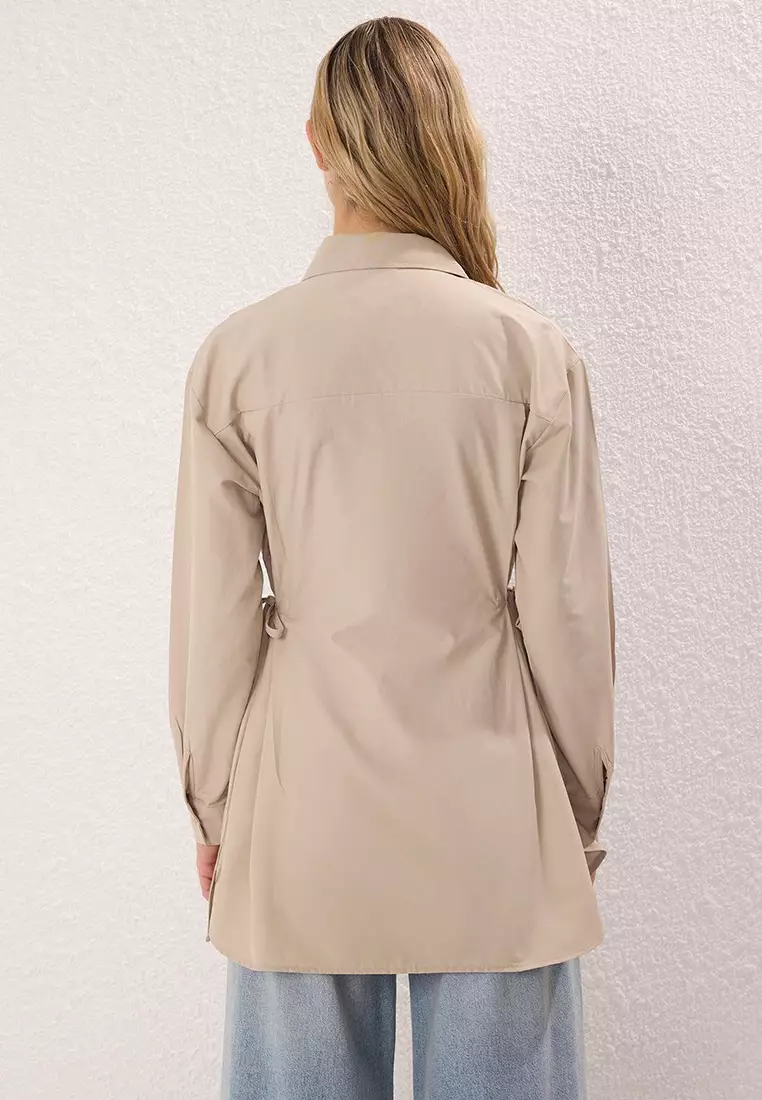 Beige Cotton Side Lace Detail Woven Shirt TCTSS25TG00032