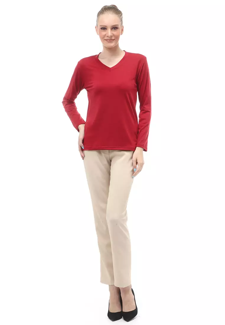 Kaos Polos Atasan Wanita V-Neck Lengan Panjang Design Simple Relaxed Fit - Maroon