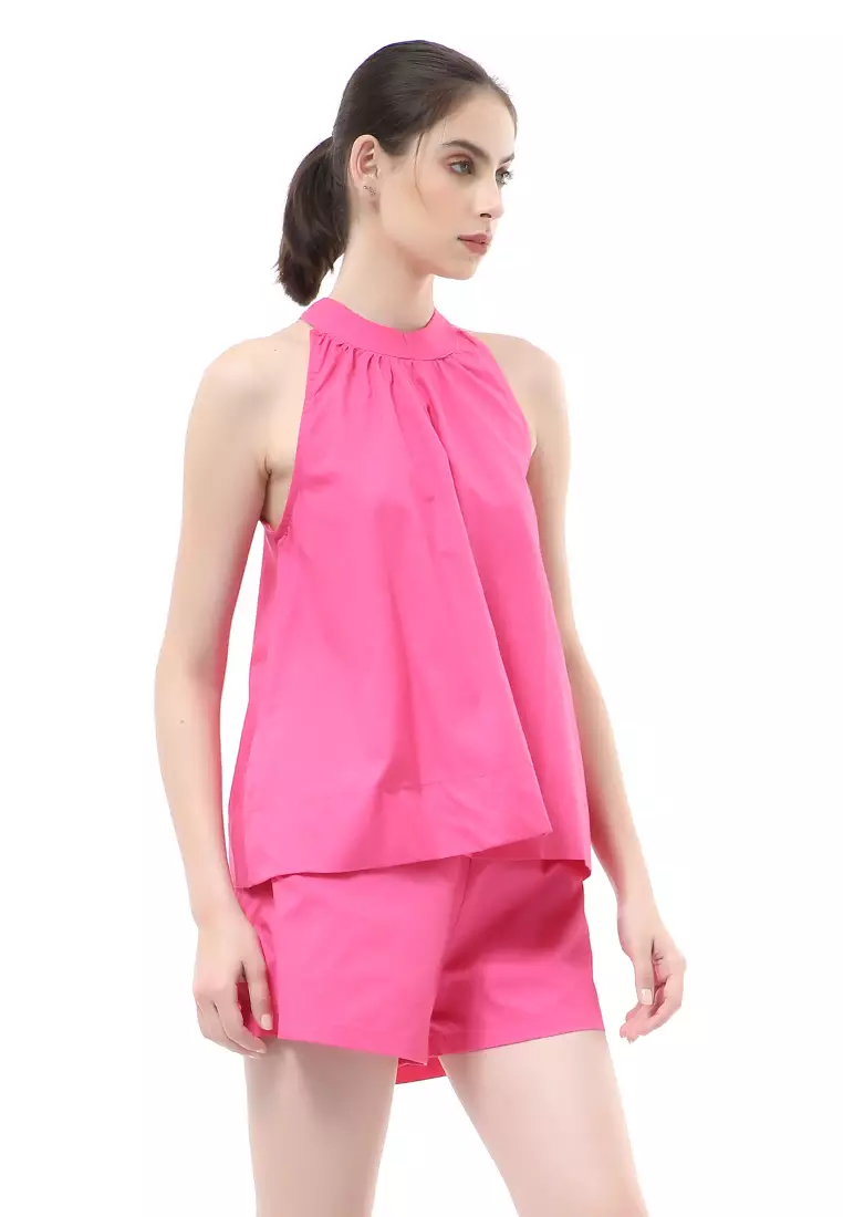 Nayra One Set Setelan Wanita Sleeveless Blouse with Short Pants Plain Motive Material Cotton ORIGINAL - Fuschia