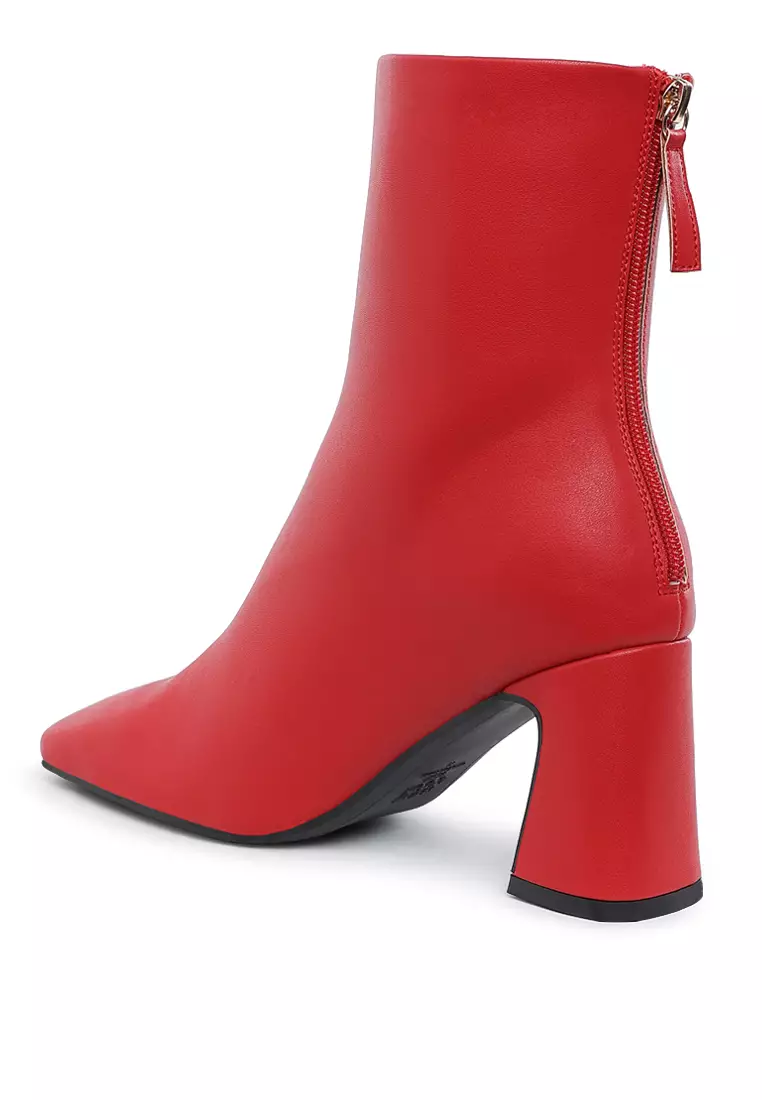 Faux Leather Square Toe Ankle Boots in Red