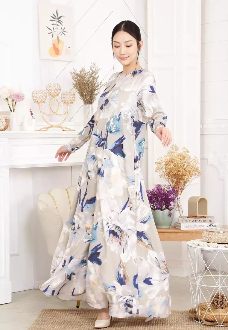 Felicia Printed Dress in Grey Blue