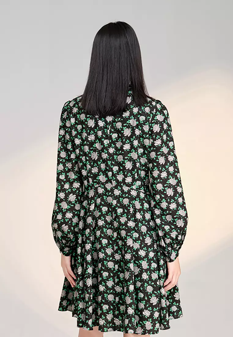 Long Sleeve Floral Midi Dress with Ribbon Tie